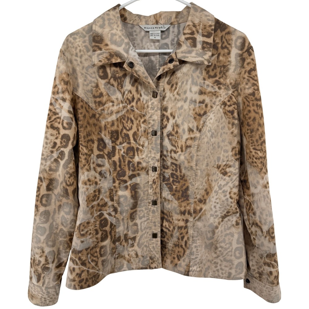Bianca Nygard Womens 12 Tan‎ Animal Print Button Front Cotton Blend Stretch